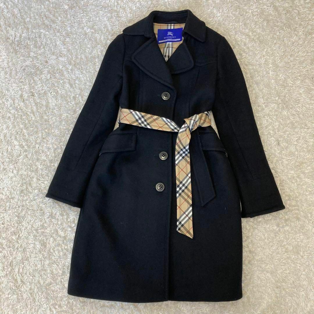 BURBERRY BLUE LABEL(バーバリーブルーレーベル)の美品★バーバリーブルーレーベル★ロングコート★アンゴラ混★ノバチェック★黒★38 レディースのジャケット/アウター(ロングコート)の商品写真