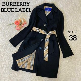 バーバリーブルーレーベル(BURBERRY BLUE LABEL)の美品★バーバリーブルーレーベル★ロングコート★アンゴラ混★ノバチェック★黒★38(ロングコート)