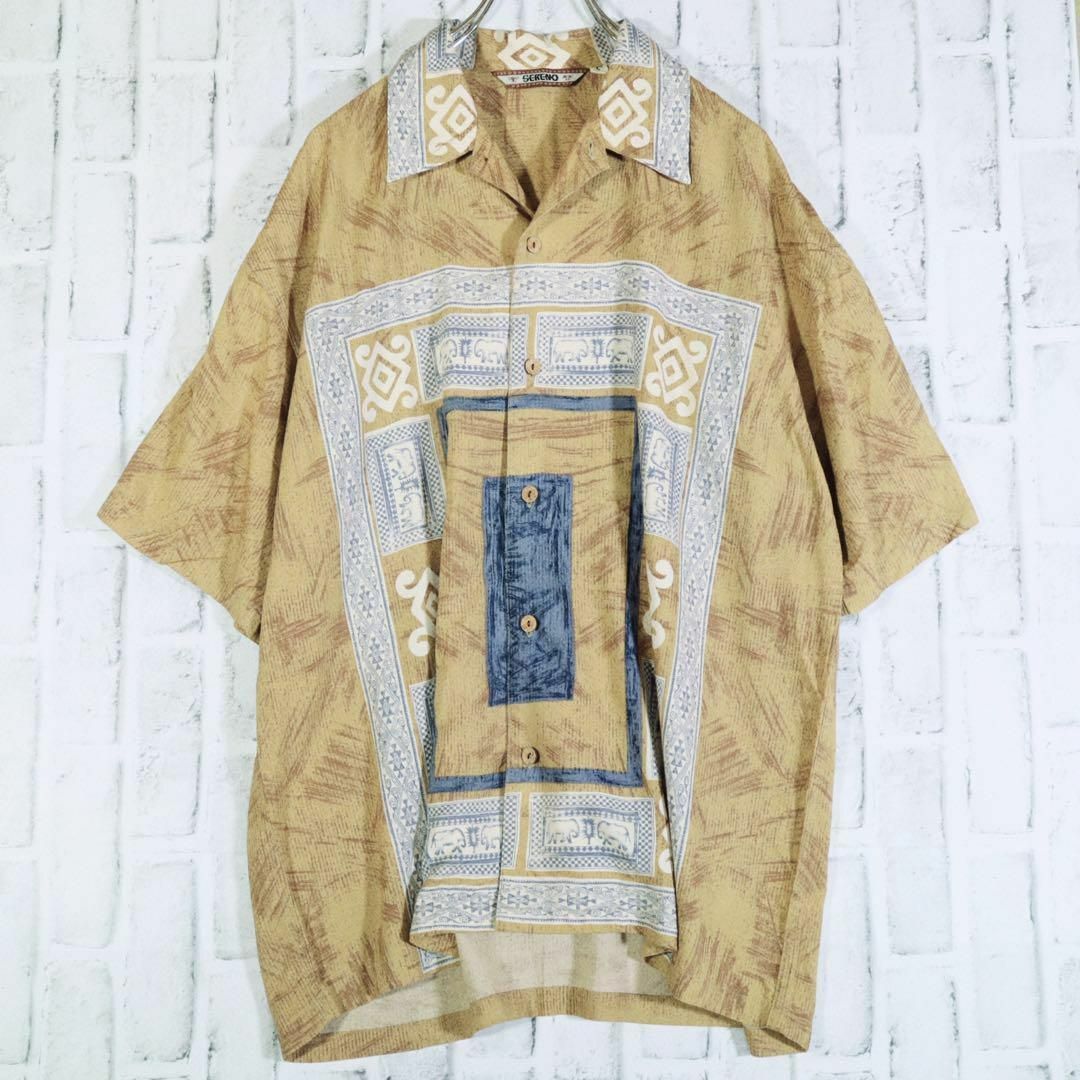 【レトロ古着】アロハシャツ レーヨン100% 伝統模様 インディアンテイスト 象 メンズのトップス(シャツ)の商品写真