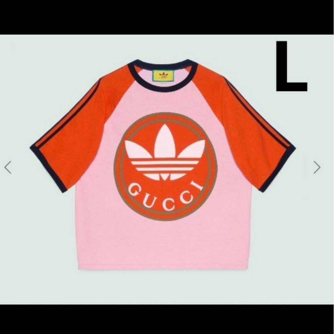 Gucci(グッチ)のadidas×GUCCI コットンジャージー Tシャツ ロゴ L オレンジピンク メンズのトップス(Tシャツ/カットソー(半袖/袖なし))の商品写真