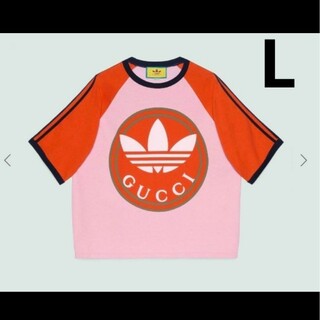 グッチ(Gucci)のadidas×GUCCI コットンジャージー Tシャツ ロゴ L オレンジピンク(Tシャツ/カットソー(半袖/袖なし))