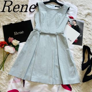 ルネ(René)の【良品】Rene 膝丈フレアワンピース ライトブルー 34 ノースリーブ リボン(ひざ丈ワンピース)