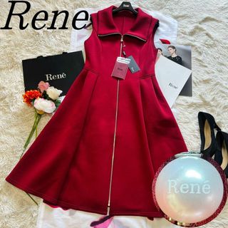 ルネ(René)の【美品】Rene コートワンピース レッド 襟 パール 34 ノースリーブ(ロングワンピース/マキシワンピース)