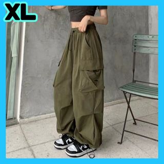 カーキ XL パラシュートカーゴパンツ　ワイドパンツ　ストリート　カーゴパンツ(ワークパンツ/カーゴパンツ)