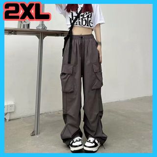 グレー 2XL パラシュートカーゴパンツ　ワイドパンツ　ストリート　カーゴパンツ(ワークパンツ/カーゴパンツ)