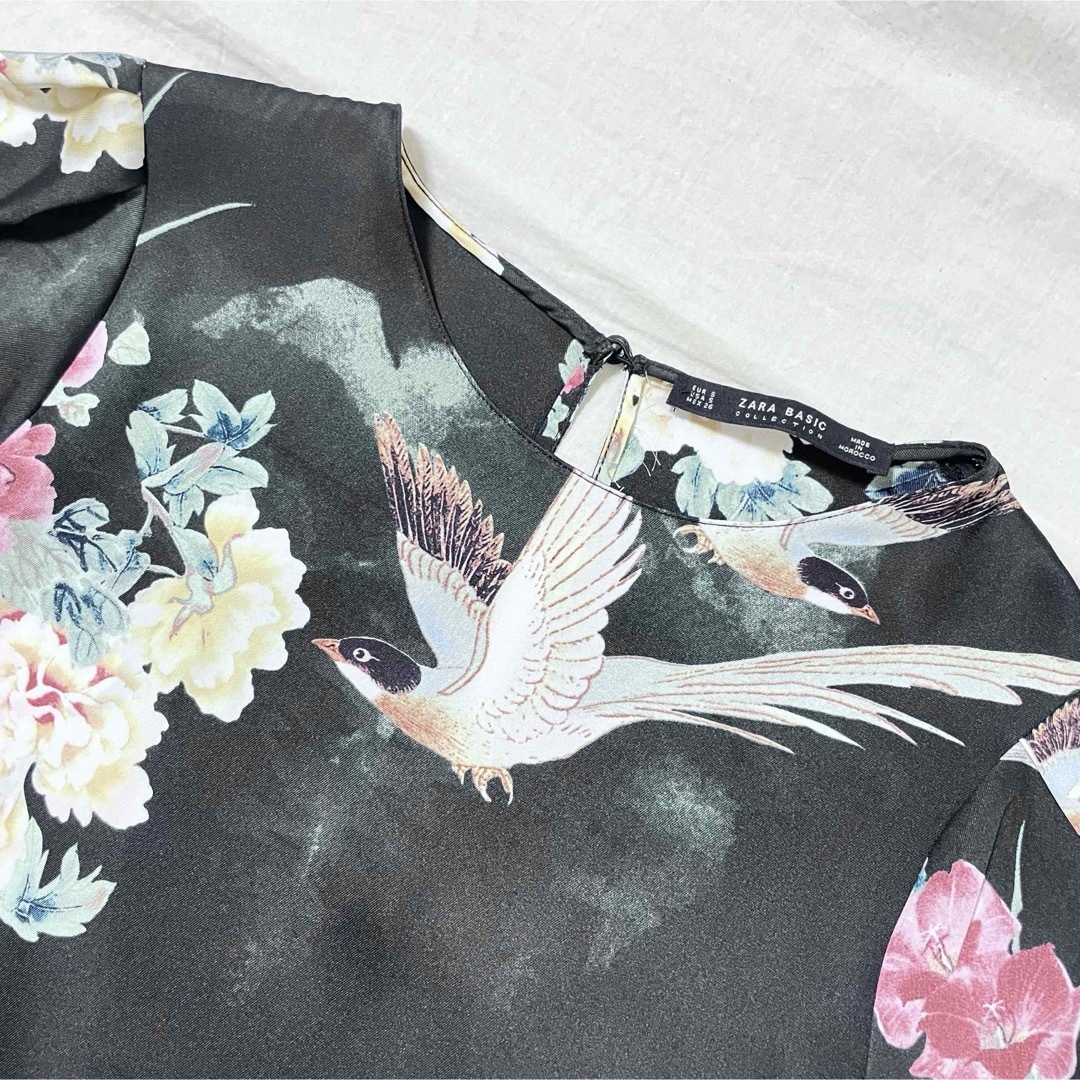 ZARA(ザラ)のZARAザラ 和風花柄鳥柄 リボンベルトワンピース サイドスリット レディースのワンピース(ロングワンピース/マキシワンピース)の商品写真