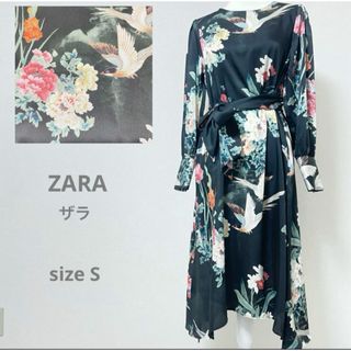 ザラ(ZARA)のZARAザラ 和風花柄鳥柄 リボンベルトワンピース サイドスリット(ロングワンピース/マキシワンピース)