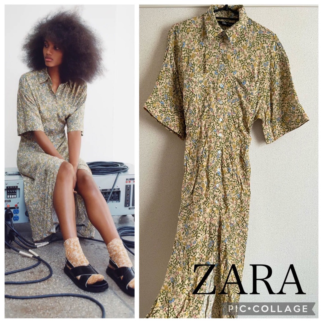 ZARA(ザラ)のZARA 小花柄ロングスリットシャツワンピース レディースのワンピース(ロングワンピース/マキシワンピース)の商品写真