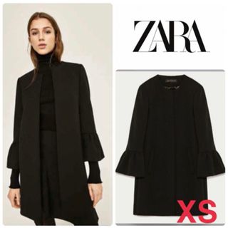 ザラ(ZARA)のZARA ザラ 袖フリル　ノーカラーコート ミドルコート　XS ブラック (その他)