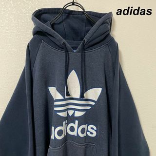 アディダス(adidas)のビッグシルエット アディダス スウェット パーカー ネイビー プリント デカロゴ(パーカー)