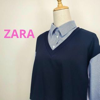 ザラ(ZARA)のザラZARA(M)ストライプ柄レイヤード風ドッキング七分袖シャツ(シャツ/ブラウス(長袖/七分))