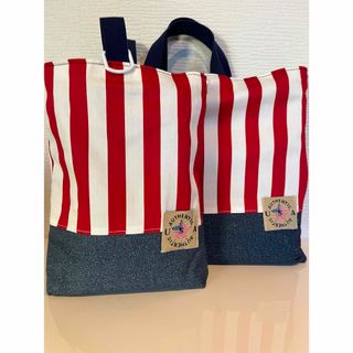 ハンドメイド☆レッスンバック&上履き入れ☆赤ストライプ(外出用品)