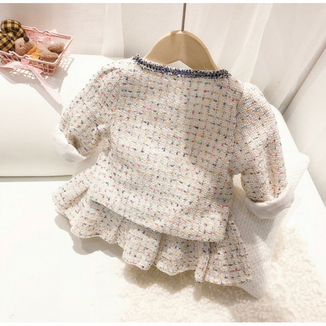 キッズ ツィード セットアップ 白 120 フォーマル 子供服 入学式 結婚式 キッズ/ベビー/マタニティのキッズ服女の子用(90cm~)(ドレス/フォーマル)の商品写真