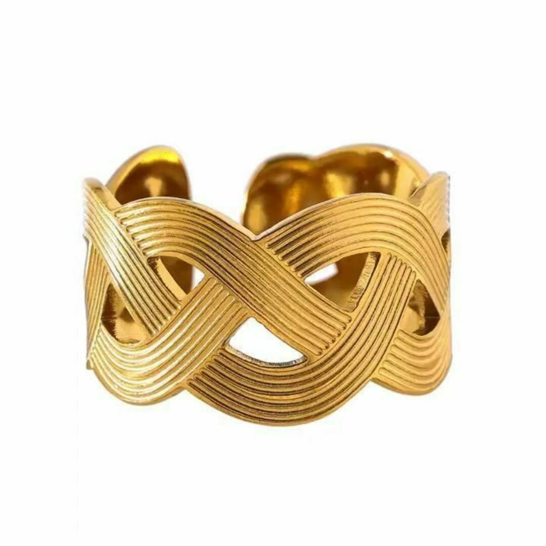 ゴールドリング　指輪　ウェーブ　レディース　フリーサイズ　オープン　ステンレス レディースのアクセサリー(リング(指輪))の商品写真
