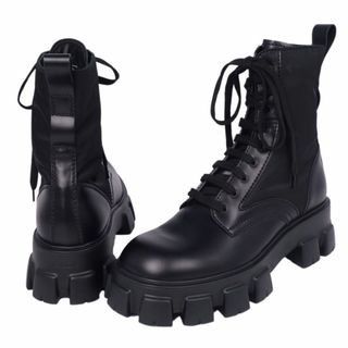 未使用 プラダ PRADA ブーツ モノリス Re-NYLON コンバットブーツ ブラッシュドレザー 本革 シューズ 靴 メンズ 9(28cm相当) ブラック