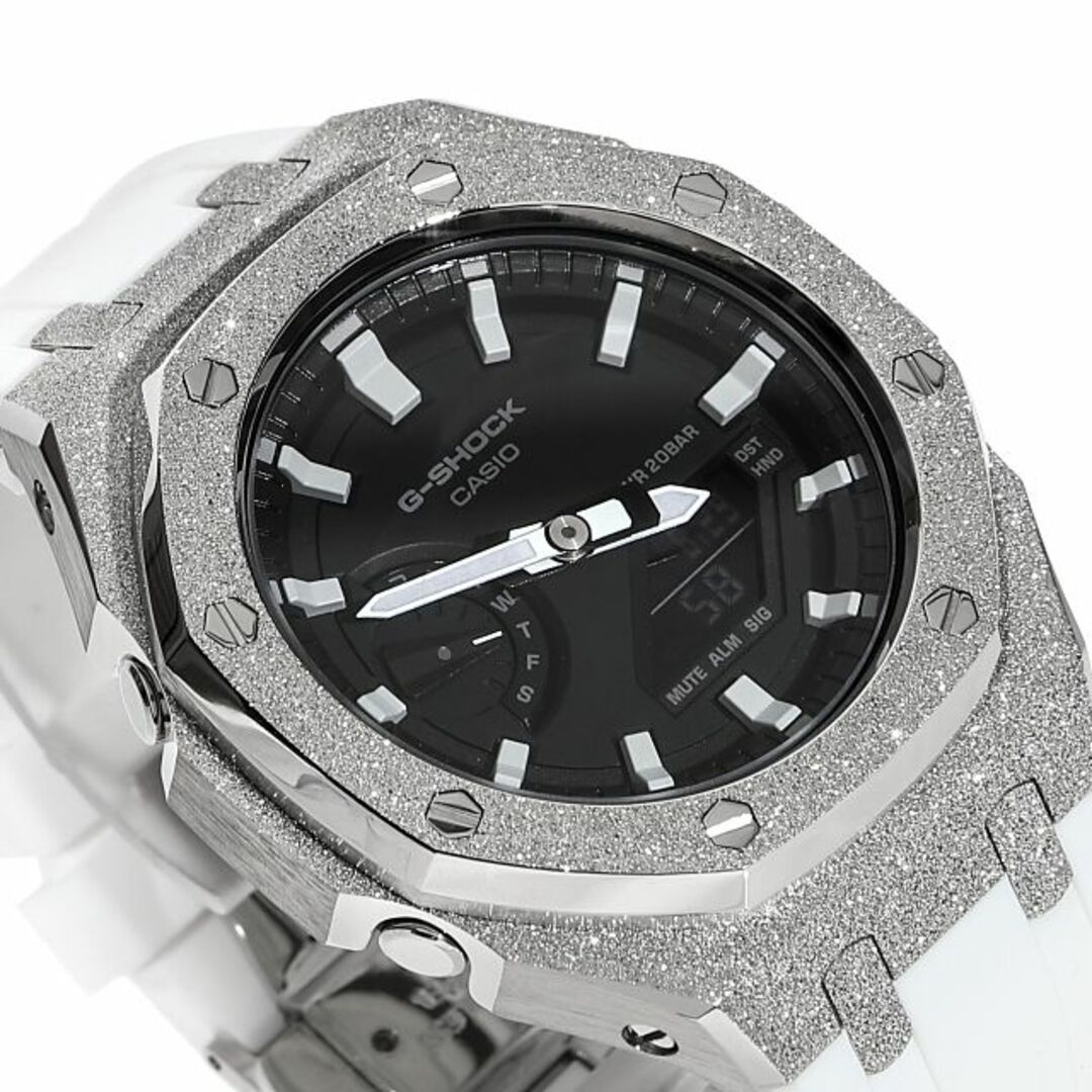 G-SHOCK(ジーショック)のG-SHOCK GA2100 メタル カスタム フロステッド ラバーバンド カシオーク ホワイトベルト ステンレス製 艶消しモデル Frosted Edition CASIOAK シルバー メンズの時計(腕時計(アナログ))の商品写真