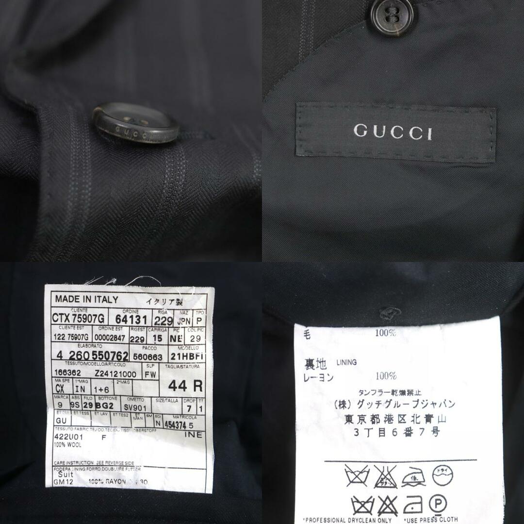 Gucci(グッチ)の美品 GUCCI グッチ ウール100% ストライプ柄 ロゴ入りボタン セットアップ スーツ ブラック 44R ハンガー付き イタリア製 正規品 メンズ メンズのスーツ(その他)の商品写真