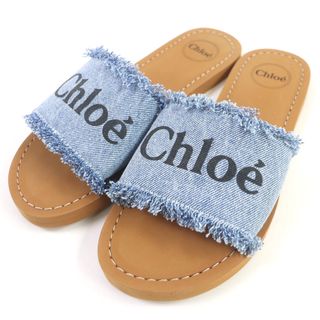 クロエ(Chloe)の未使用品 Chloe クロエ C19175 ロゴ入り フリンジデニム シャワーサンダル スライドサンダル  サンダル ブルー 36 箱付き レディース キッズ(サンダル)