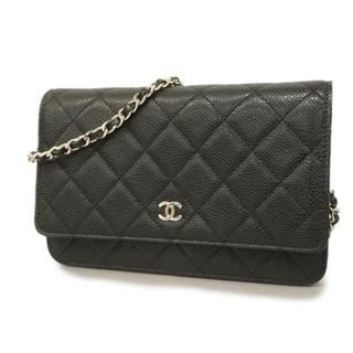 シャネル(CHANEL)の★SALE 【4gc2243】シャネル ショルダーウォレット/マトラッセ/チェーンショルダー/キャビアスキン/ブラック/シルバー金具 【中古】 レディース(財布)