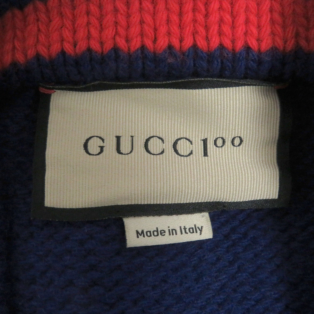 Gucci(グッチ)の美品 GUCCI グッチ 676389 ウール 100周年記念 ロゴ入り ウェブライン 長袖 ニット カーディガン ブルー L イタリア製 正規品 メンズ メンズのトップス(カーディガン)の商品写真
