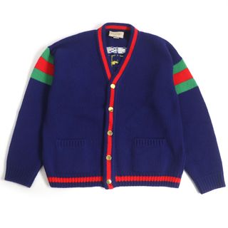 グッチ(Gucci)の美品 GUCCI グッチ 676389 ウール 100周年記念 ロゴ入り ウェブライン 長袖 ニット カーディガン ブルー L イタリア製 正規品 メンズ(カーディガン)