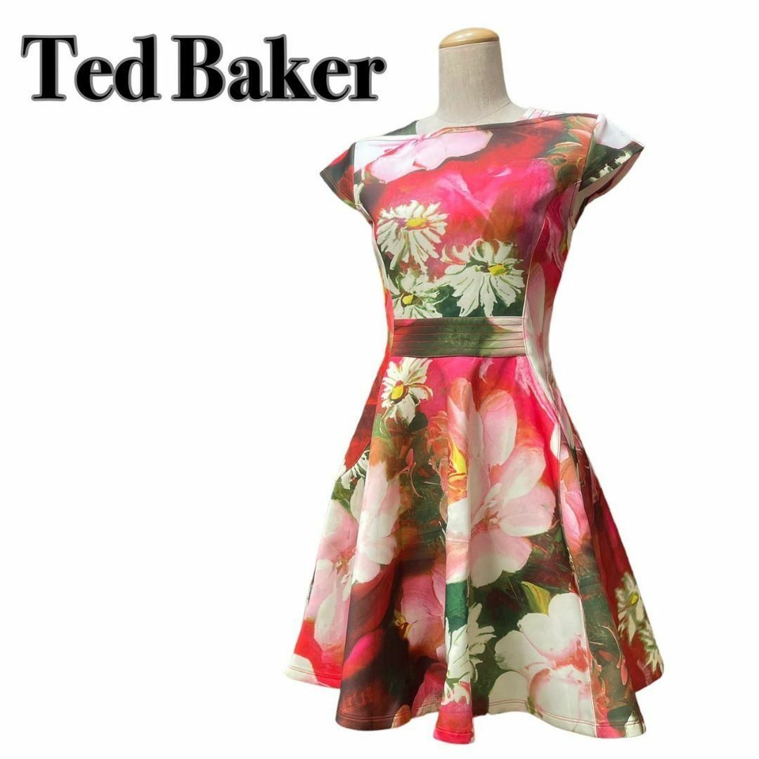 TED BAKER(テッドベイカー)の極美品 テッドベイカー TED BAKER 花柄 ワンピース フレア Aライン レディースのワンピース(ひざ丈ワンピース)の商品写真