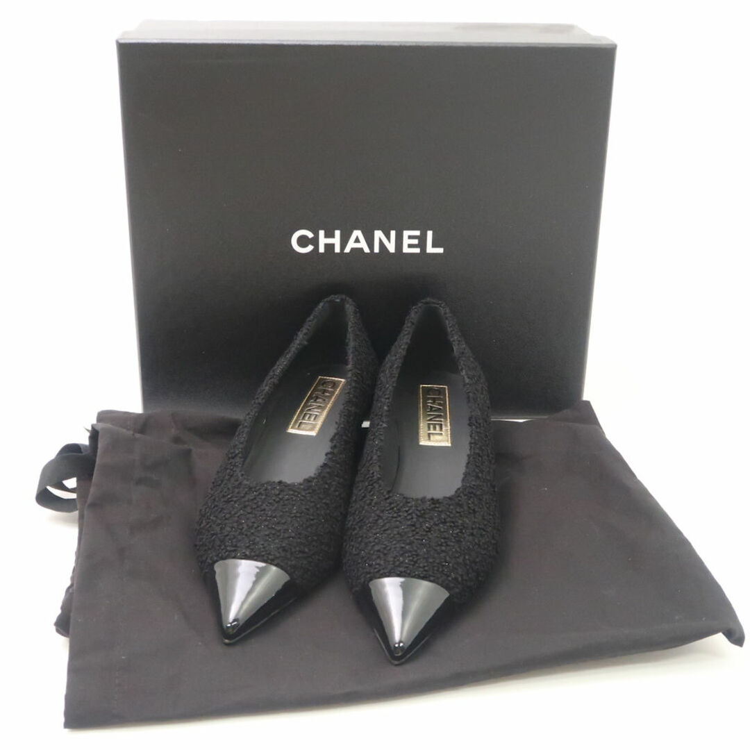 CHANEL(シャネル)の美品 CHANEL シャネル G39535 ポインテッドトゥパンプス 38(25cm相当） ファブリック ローヒール 黒 無地 ラメ ココマーク レディース AU2468W1  レディースの靴/シューズ(ハイヒール/パンプス)の商品写真