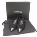 美品 CHANEL シャネル G39535 ポインテッドトゥパンプス 38(25cm相当） ファブリック ローヒール 黒 無地 ラメ ココマーク レディース AU2468W1 