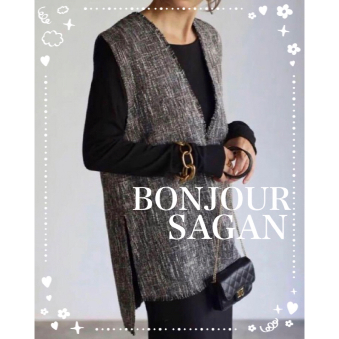 BONJOUR SAGAN(ボンジュールサガン)のBonjour sagan Vネックツイードベスト グレー レディースのトップス(ベスト/ジレ)の商品写真