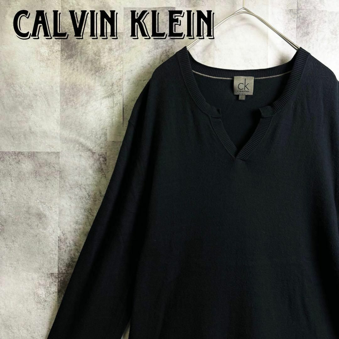 Calvin Klein(カルバンクライン)の美品 カルバンクライン ヘンリーネック コットンニットセーター ブラック L メンズのトップス(ニット/セーター)の商品写真