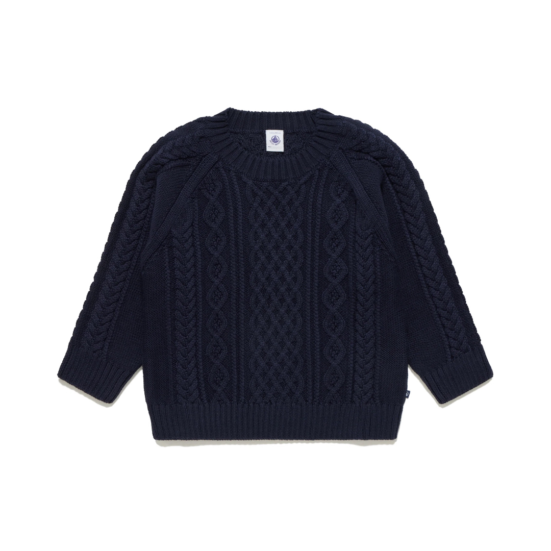 PETIT BATEAU(プチバトー)のプチバトーのアラン編みニットプルオーバー★104cm★4才★ネイビー色 キッズ/ベビー/マタニティのキッズ服男の子用(90cm~)(Tシャツ/カットソー)の商品写真