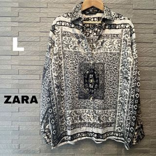 ザラ(ZARA)のザラ サテン スキッパー シャツ ブラウス ヨーロピアン柄 ペイズリー 花柄 L(シャツ/ブラウス(長袖/七分))