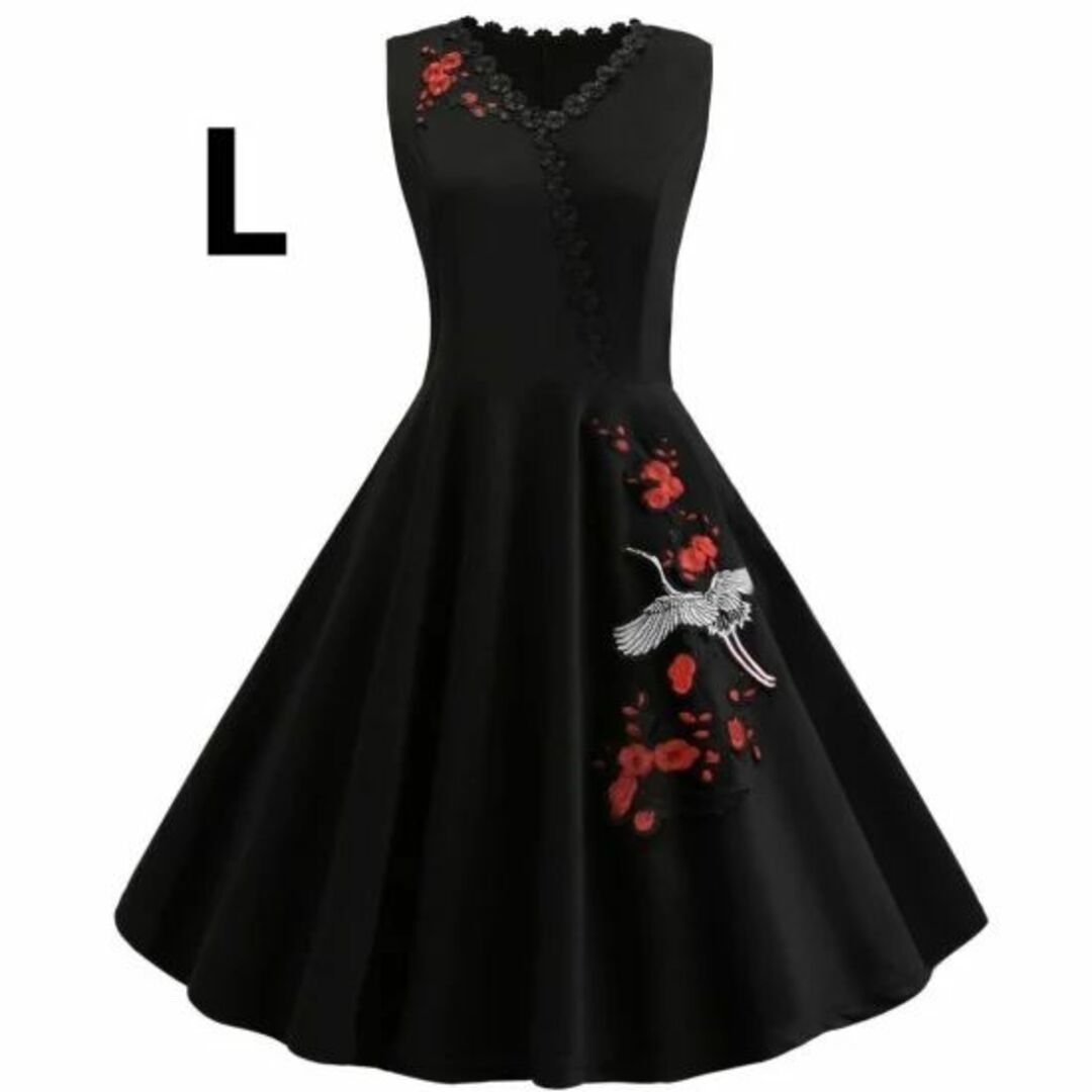 新品☆花刺繍綺麗♪ワンピース　ブラック　Ｌ レディースのワンピース(ひざ丈ワンピース)の商品写真