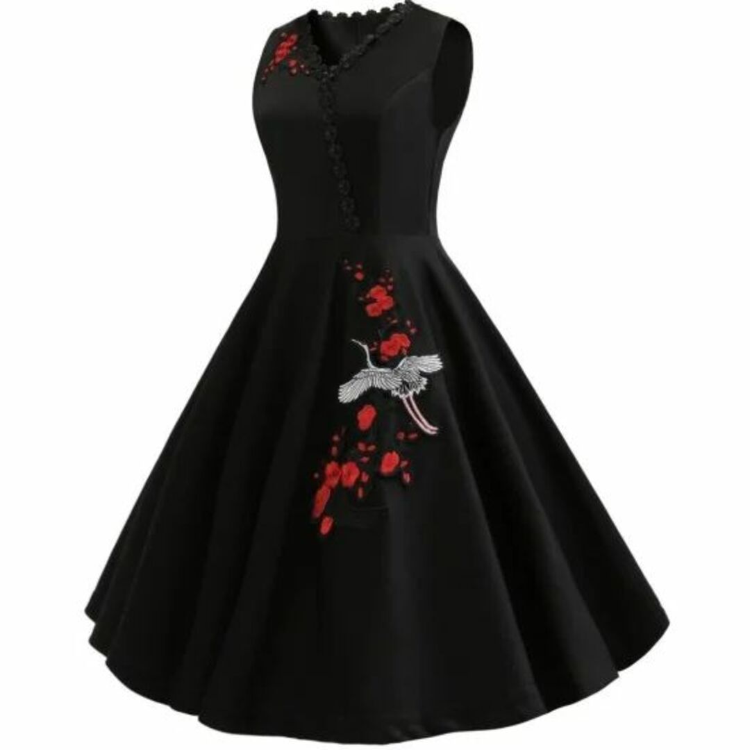 新品☆花刺繍綺麗♪ワンピース　ブラック　Ｌ レディースのワンピース(ひざ丈ワンピース)の商品写真