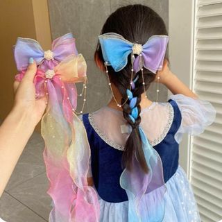 ヘアアクサセリーリボン編み込みヘアチュールピンク春物キッズ入学セレモニークリップ(バレッタ/ヘアクリップ)