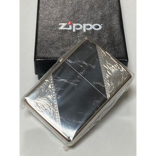 大理石 柄 シルバー コーナーカット アラベスク ブラック ZIPPO(その他)