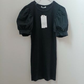 ザラ(ZARA)の新品＊ZARAワンピースブラックMバルーンスリーブリブ(ミニワンピース)