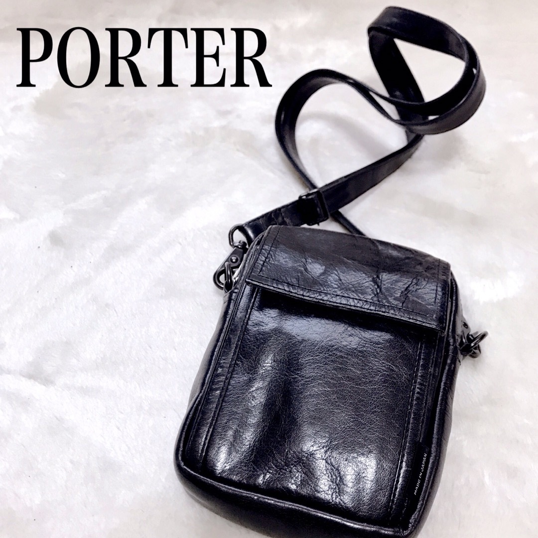 PORTER(ポーター)の美品 PORTER オールレザー ショルダーバッグ ボディバッグ ポシェット 黒 メンズのバッグ(ショルダーバッグ)の商品写真