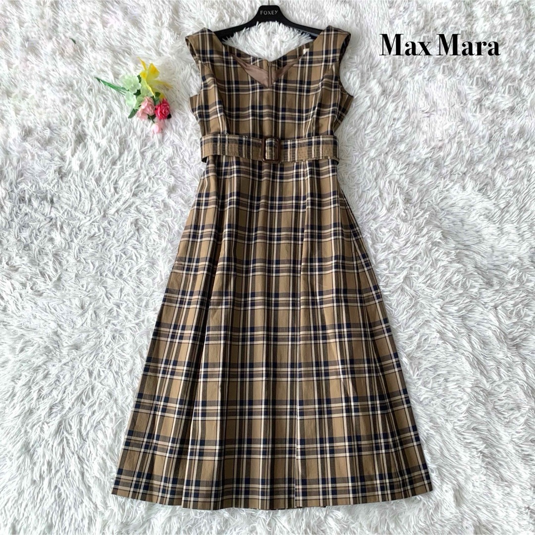 Max Mara(マックスマーラ)の【美品】マックスマーラ ロング丈 ワンピース チェック ベルト ブラウン M レディースのワンピース(ロングワンピース/マキシワンピース)の商品写真