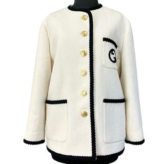 グッチ(Gucci)の美品 グッチ ノーカラー ツイードジャケット 白 エンブロイダリー 36(ノーカラージャケット)