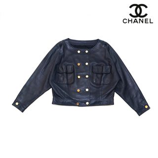 シャネル(CHANEL)のシャネル CHANEL ダブルボタン  レザー ノーカラージャケット(ノーカラージャケット)