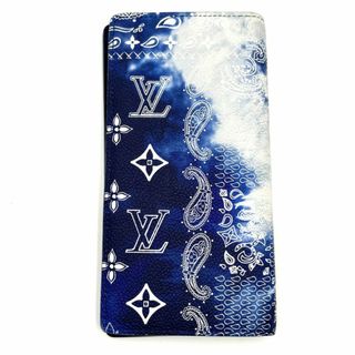 ルイヴィトン(LOUIS VUITTON)の【限定価格】LOUIS VUITTON ルイヴィトン 長財布 モノグラム・バンダナ ポルトフォイユブラザ 二つ折り M81405    ブルー 青 ホワイト 白 シルバー金具 メンズ【中古品】(長財布)