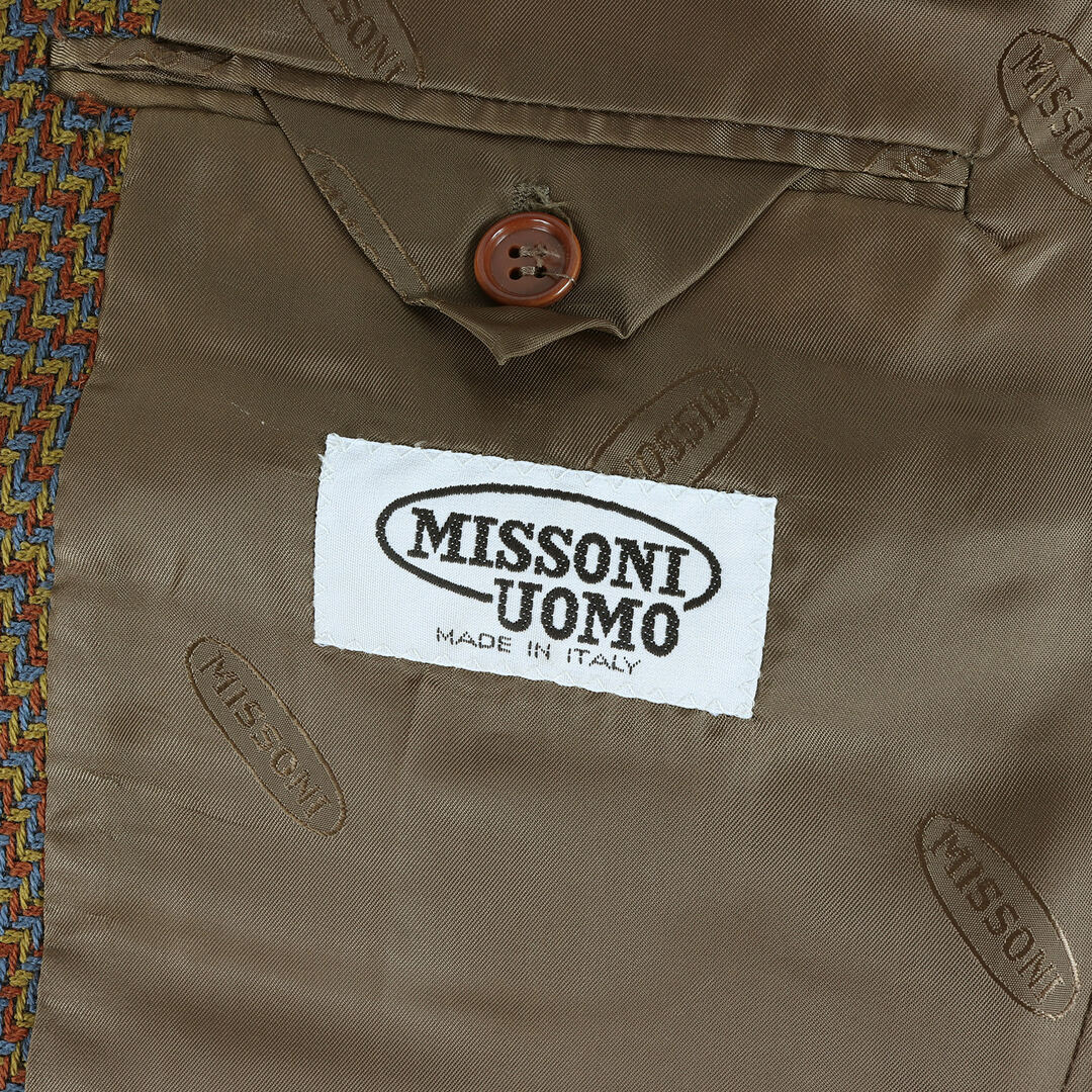 MISSONI(ミッソーニ)のMISSONI ミッソーニ ジャケット サイズ:46 80s ジオメトリック ウール ニット 2B テーラードジャケット 総柄 幾何学模様 UOMO OLD VINTAGE カーキ ブルー ブラウン イタリア製【メンズ】 メンズのジャケット/アウター(テーラードジャケット)の商品写真