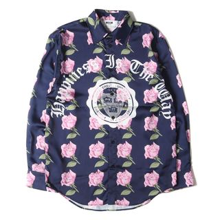 エムエスジイエム(MSGM)の美品 MSGM エムエスジーエム シャツ サイズ:38 23AW フローラル エンブレム デザイン 長袖シャツ 3540ME08 237551 ポリサテン イージー ネイビー 紺 トップス カジュアルシャツ【メンズ】【中古】(シャツ)