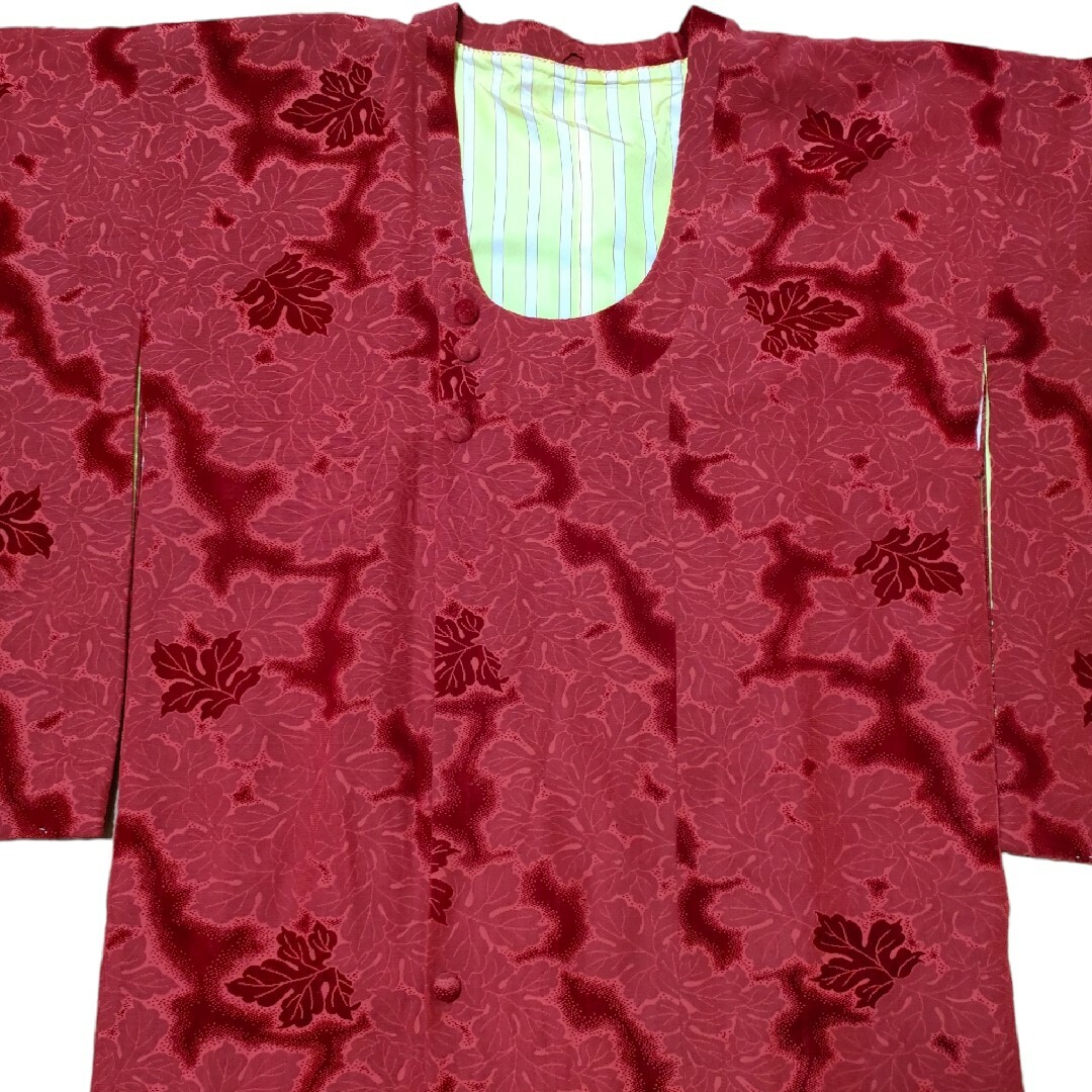 和装ロングコート菊の葉っぱベルベット道行ビードロ身丈119裄63和装アウター赤 レディースの水着/浴衣(着物)の商品写真