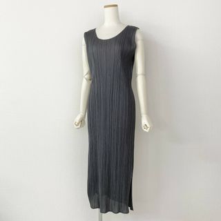 プリーツプリーズイッセイミヤケ(PLEATS PLEASE ISSEY MIYAKE)の53c15 PLEATS PLEASE プリーツプリーズ スリット入り プリーツワンピース ドレス 1 グレー ノースリーブ ISSEY MIYAKE イッセイミヤケ(ひざ丈ワンピース)