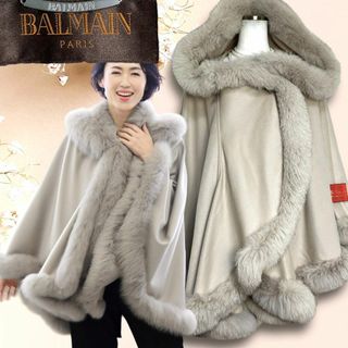 BALMAIN - 極美品☆人気モデル☆バルマン 高級カシミヤ100% ポンチョ ケープ フォックス