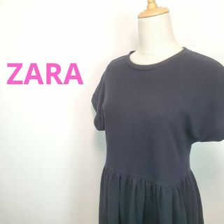 ザラ(ZARA)のザラZARA(S)黒色フレンチスリーブワンピース ギャザー(ひざ丈ワンピース)