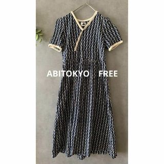 アビトーキョー(ABITOKYO)の古着★ABITOKYO 刺繍花柄ワンピース ネイビー(ひざ丈ワンピース)