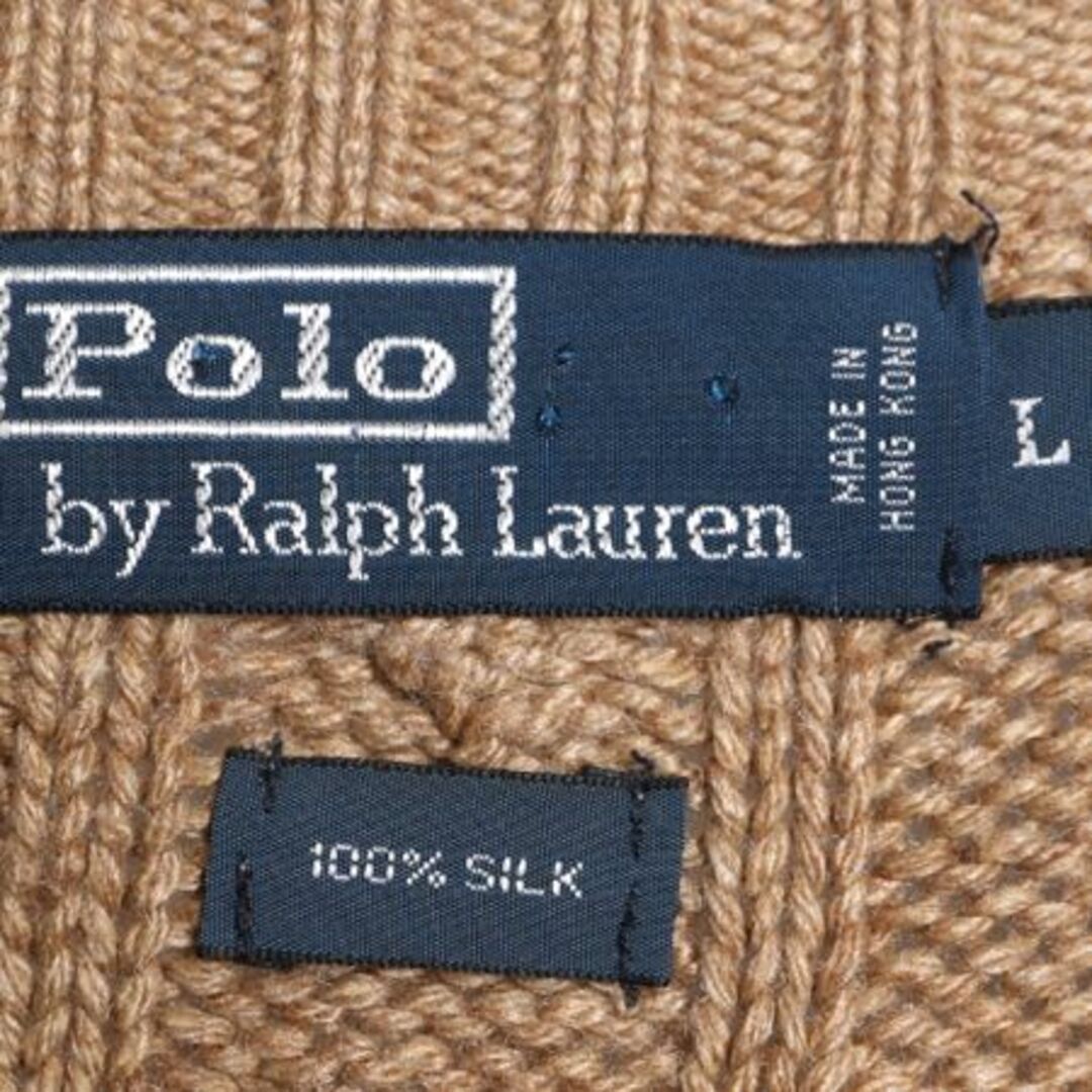 Ralph Lauren(ラルフローレン)の90s 高級 シルク 100% ポロ ラルフローレン ケーブル ニット セーター メンズ L 90年代 オールド 無地 ポニー無し Vネック ライト ブラウン メンズのトップス(ニット/セーター)の商品写真